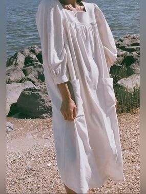 Na Nin raw silk Light Cream Puff-Sleeve Midi Dress with pockets NWT USA S (1)